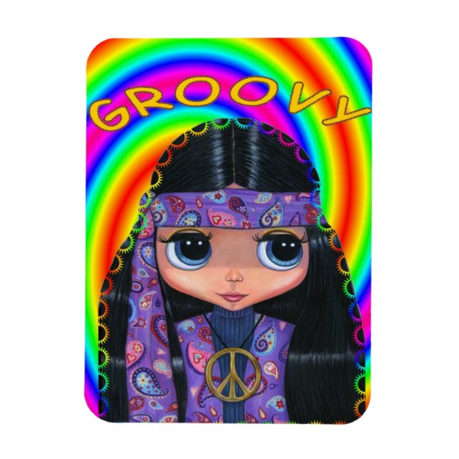 Ímã Groovy Hippie Girl Doll Sinal de Paz Bons Olhos Gr (Vertical)