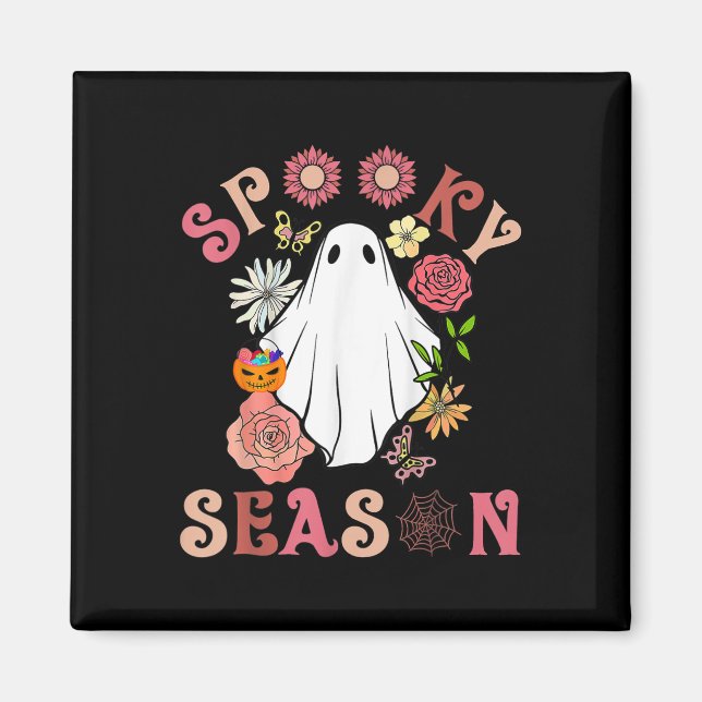 Imã Groovy Spooky Season Cute Ghost Segurando Pumpkin  (Frente)