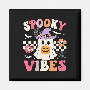 Imã Groovy Spooky Vibes Retro Ghost Segurando Pumpkin