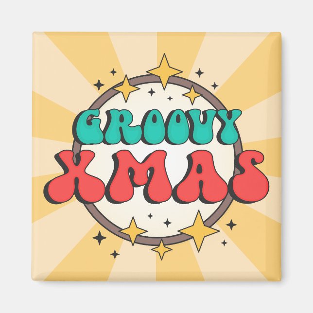 Imã Groovy Xmas retro stars old cartoon text  (Frente)