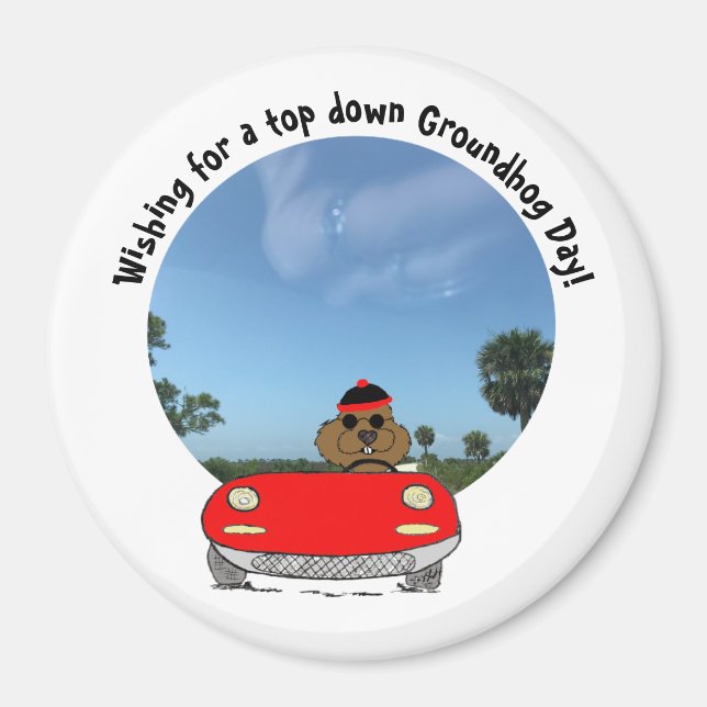 Imã Groundhog em Cute Vermelho Convertível (Frente)