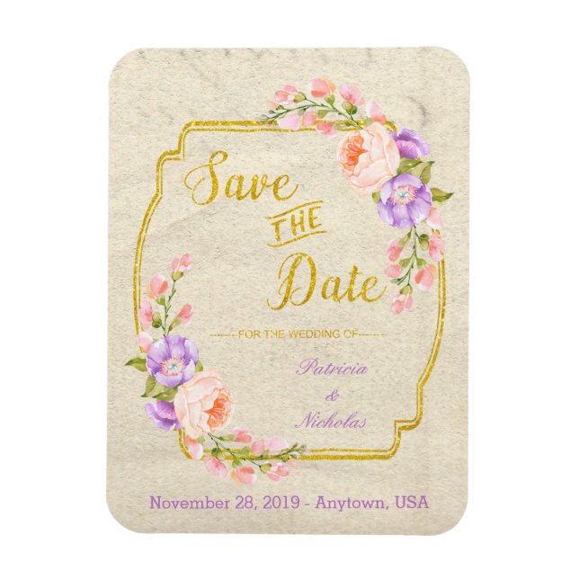 Ímã Guardar a data de casamento Floral e Dourado (Vertical)
