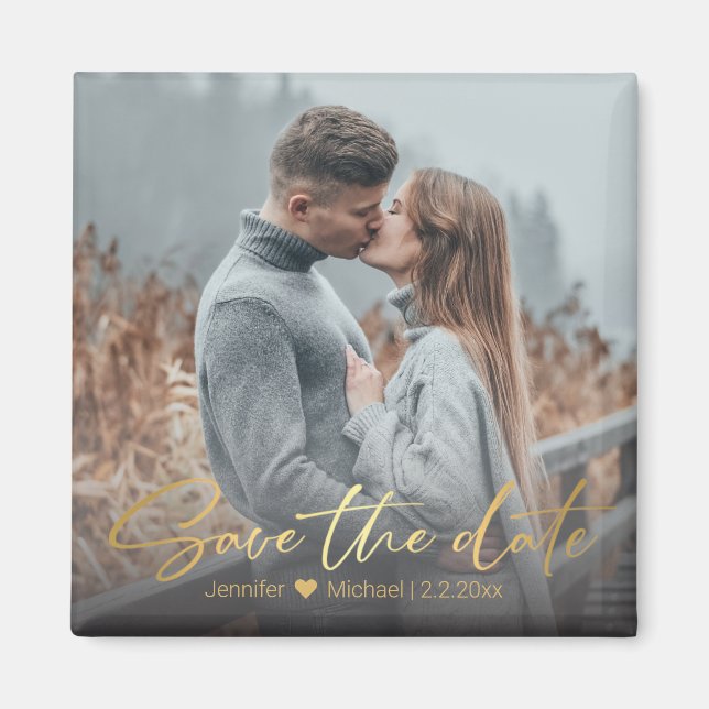 Imã guarde a data, ouro, foto de casamento (Frente)