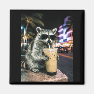 Imã Guaxinim bebendo café gelado nas ruas de miami eng