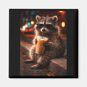 Imã Guaxinim bebendo café gelado, panda lixo engraçado