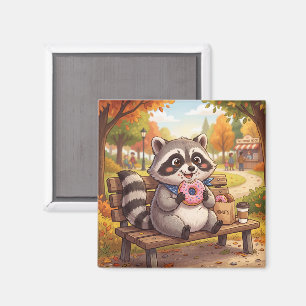 Imã Guaxinim de desenho animado fofo comendo donut de