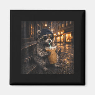Imã Guaxinim engraçado bebendo café gelado animal lega