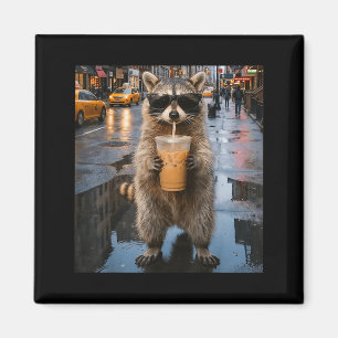 Imã Guaxinim engraçado bebendo café gelado meme animal