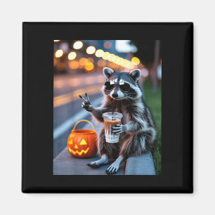 Imã Guaxinim selvagem bebendo café gelado halloween