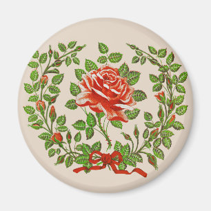 Imã Guirlanda de Rosa Vermelha Vintage Arte Floral de