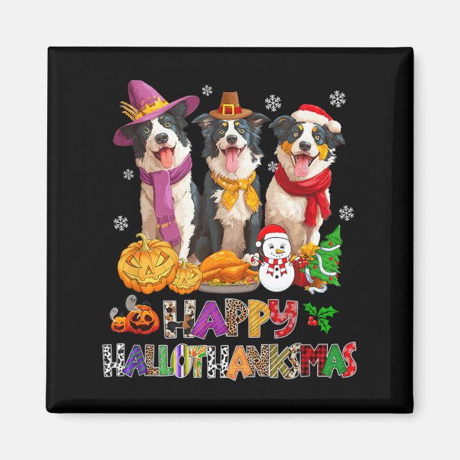 Imã Hallothanksmas Border Collie Cachorro Halloween (Frente)