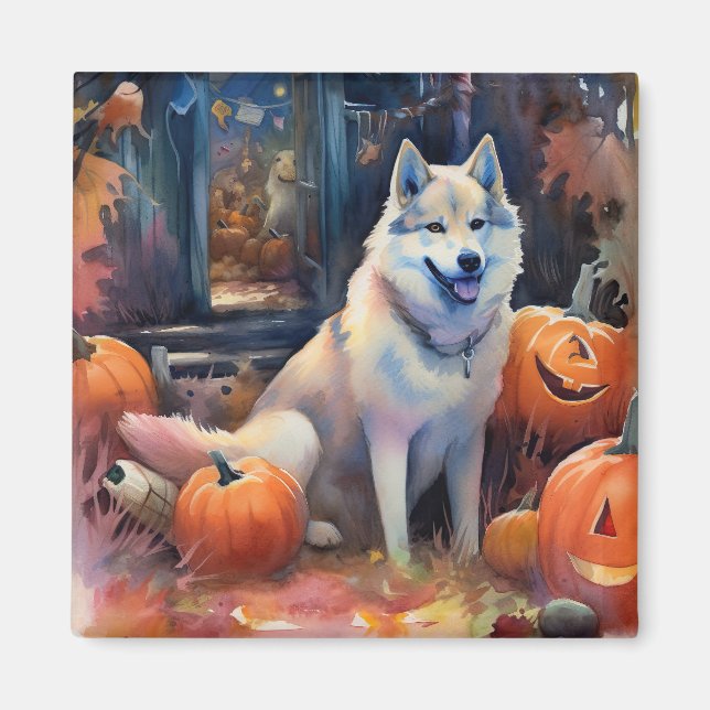 Imã Halloween Alaskan Malamute Com Pumpkins Assustado (Frente)