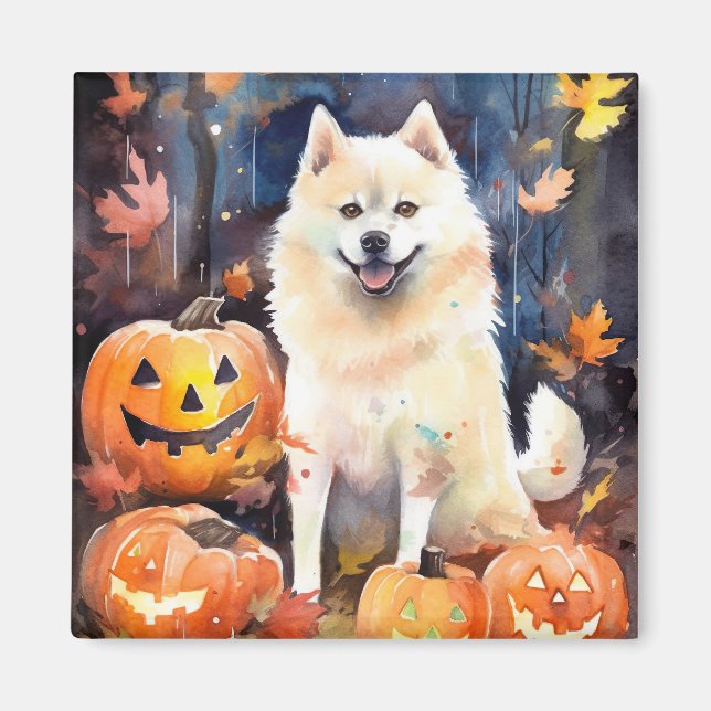 Imã Halloween American Akita Com Pumpkins Assustado (Frente)