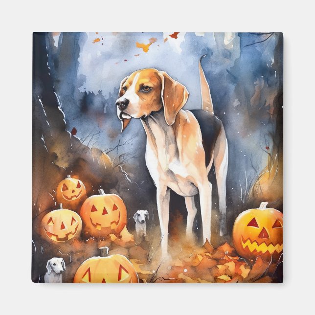 Imã Halloween American English Foxhound Com Pumpkins (Frente)