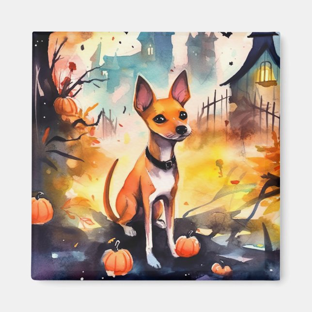 Imã Halloween Basenji Com Pumpkins Assustado (Frente)