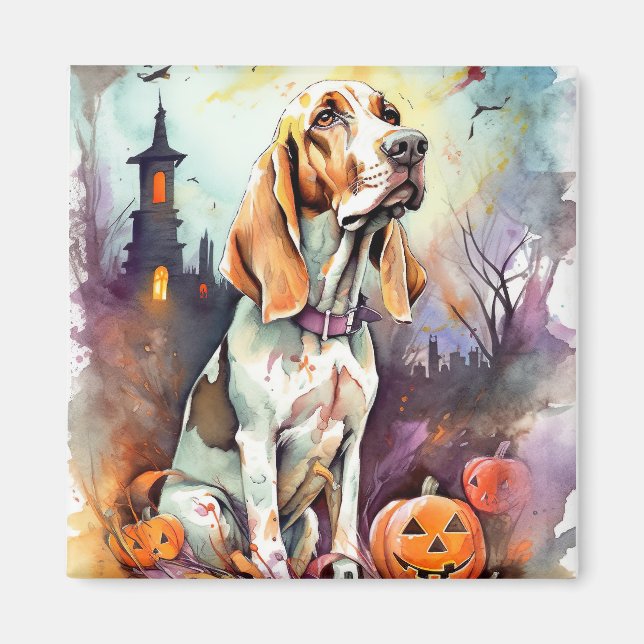 Imã Halloween Basset Hound Com Pumpkins Assustado (Frente)