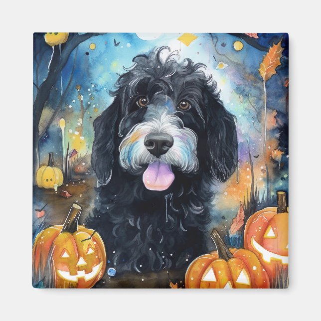 Imã Halloween Bernedoodle Com Pumpkins Assustado (Frente)