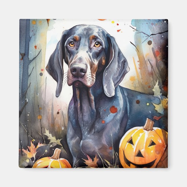 Imã Halloween Bluetick Coonhound Com Pumpkins Assustad (Frente)