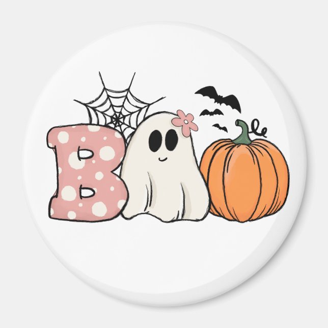 Imã Halloween Boo Ghost Pumpkin Bats Cobweb (Frente)