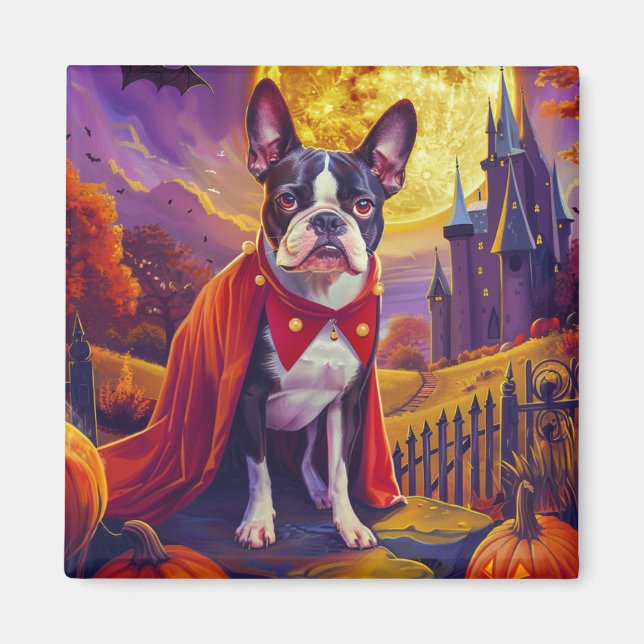 Imã Halloween Boston Terrier Cão Abóboras Assustador  (Frente)