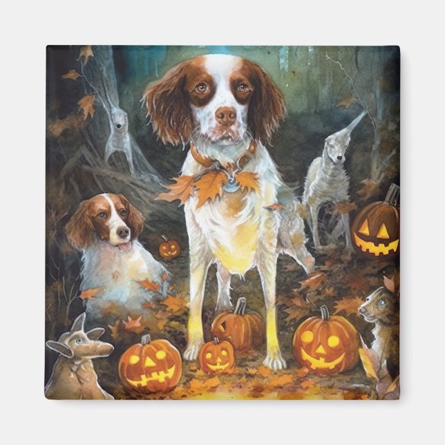 Imã Halloween Brittany Spaniel Com Pumpkins Assustado (Frente)