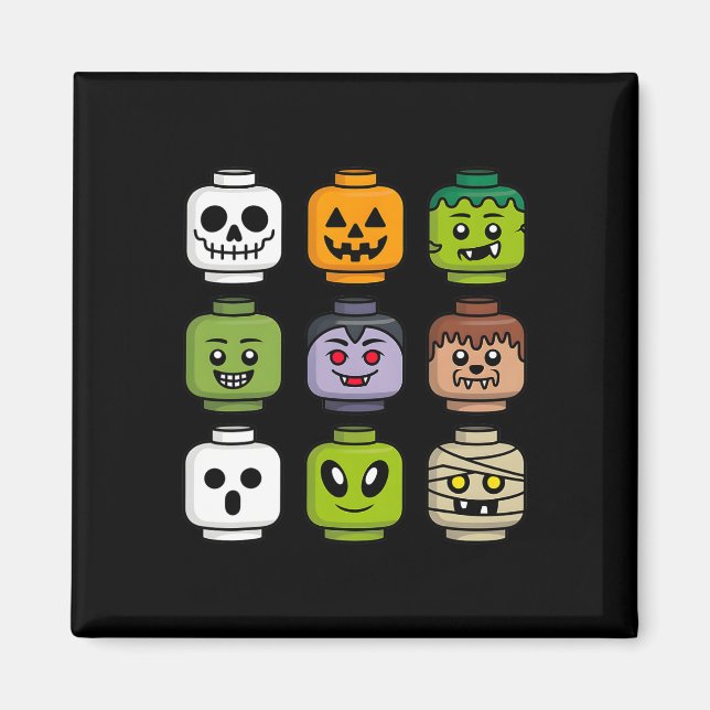 Imã Halloween Building Brick Head Pumpkin Ghost Zombie (Frente)