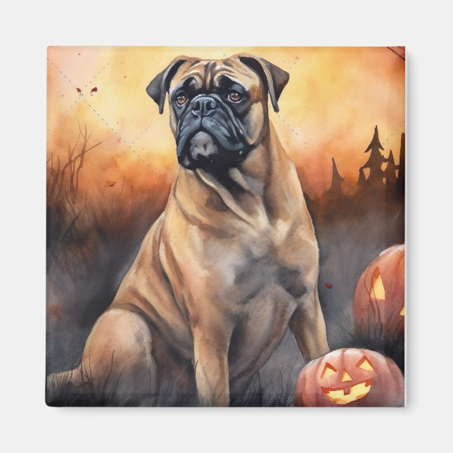 Imã Halloween Bullmastiff Com Pumpkins Assustado (Frente)