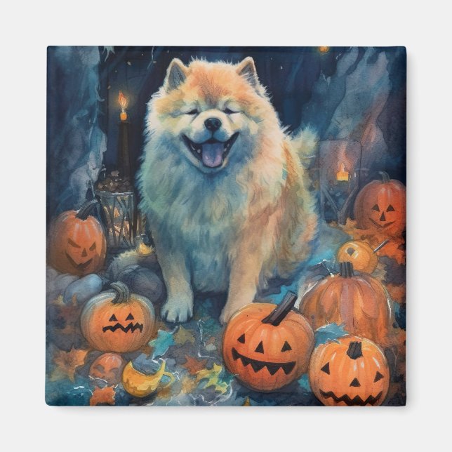 Imã Halloween Chow Chow Com Pumpkins Assustado (Frente)