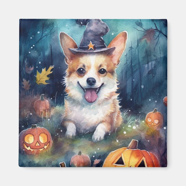 Imã Halloween Corgi Com Pumpkins Assustado (Frente)