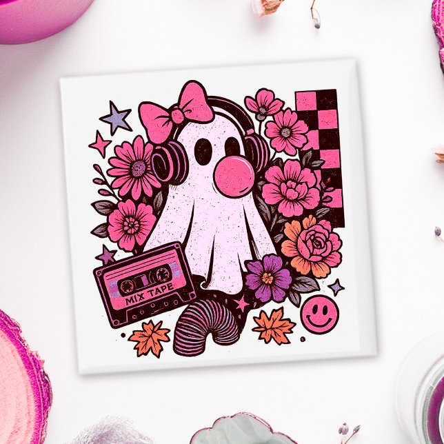 Imã Halloween de Bublegum Aestético Retro Ghost Girl (This ghost girl design mixes 90s aesthetic nostalgia with playful Halloween charm.)