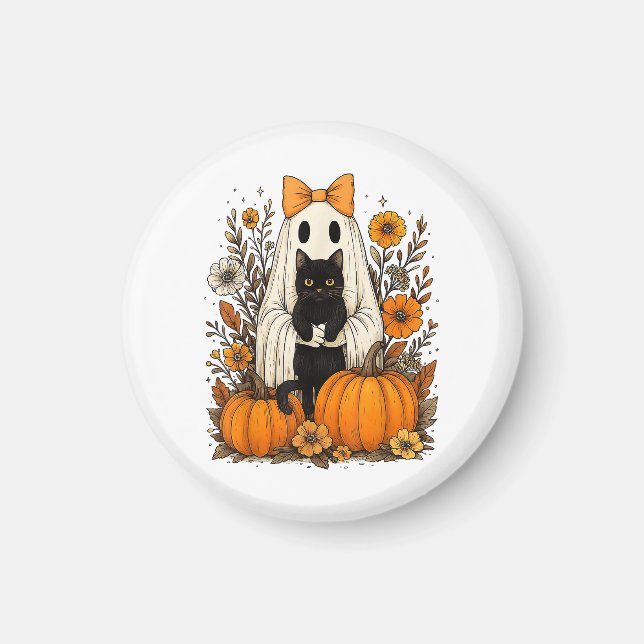 Imã Halloween Ghost segurando gato preto (Frente)