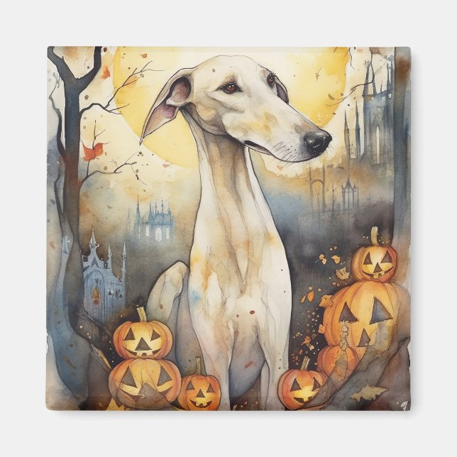 Imã Halloween Greyhound Com Pumpkins Assustado (Frente)