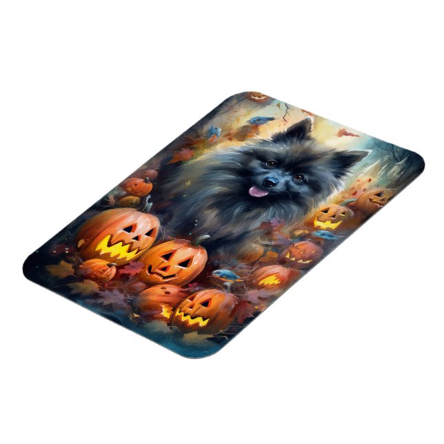 Ímã Halloween Keeshond Com Pumpkins Assustado (Left Side)