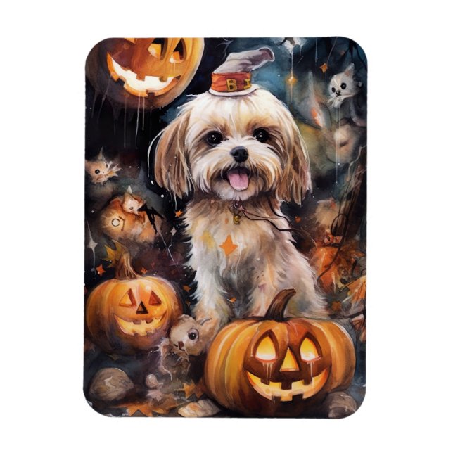 Ímã Halloween Lhasa Apso Com Pumpkins Assustado (Vertical)