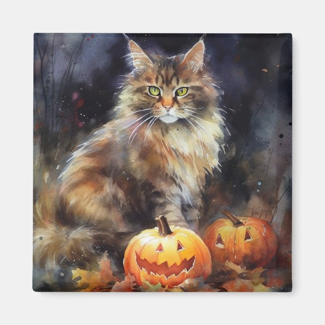 Imã Halloween Maine Coon Cat Com Pumpkins Assustado (Frente)