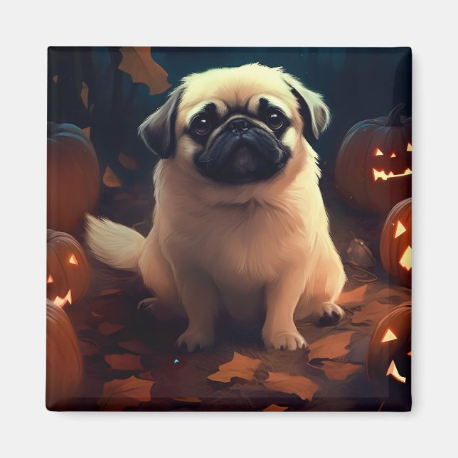 Imã Halloween Pekingese Com Pumpkins Assustado (Frente)