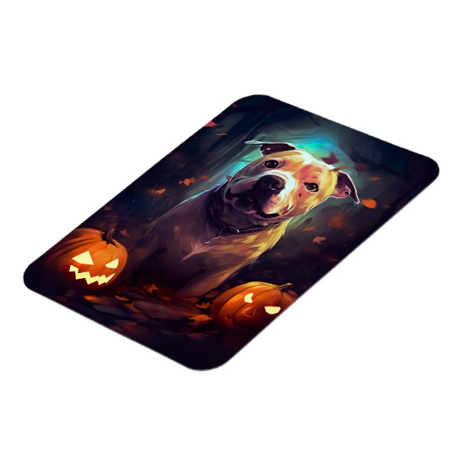 Ímã Halloween Pitbull Com Pumpkins Assustado (Left Side)