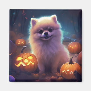 Imã Halloween Pomeranian Com Pumpkins Assustado