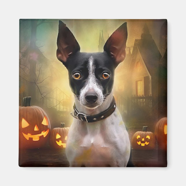 Imã Halloween Rat Terrier Com Pumpkins Assustado (Frente)