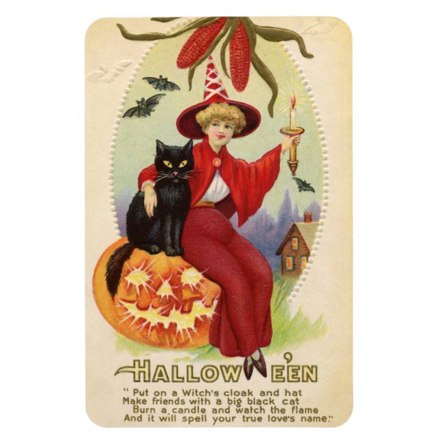 Ímã Hallowe'en Red Witch e Black Cat Vintage (Vertical)