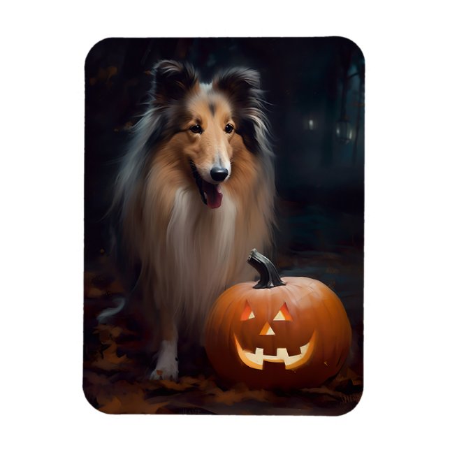 Ímã Halloween Rough Collie Com Pumpkins Assustado (Vertical)