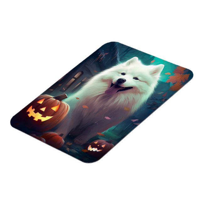 Ímã Halloween Samoyed Com Pumpkins Assustado (Left Side)