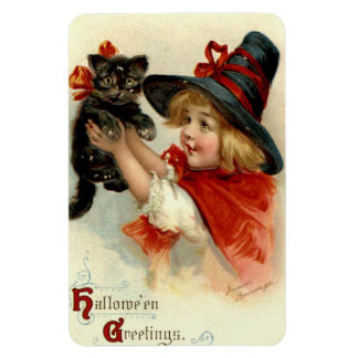 Ímã Halloween Saudações Garota com Vintage Gato Negro
