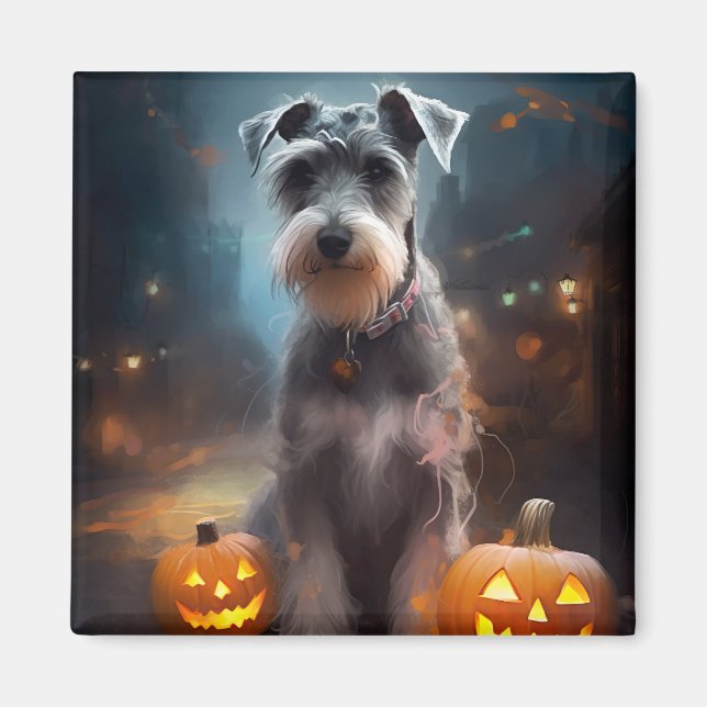 Imã Halloween Schnauzer Com Pumpkins Assustado (Frente)