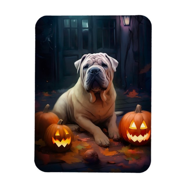 Ímã Halloween Shar Pei Com Pumpkins Assustado (Vertical)