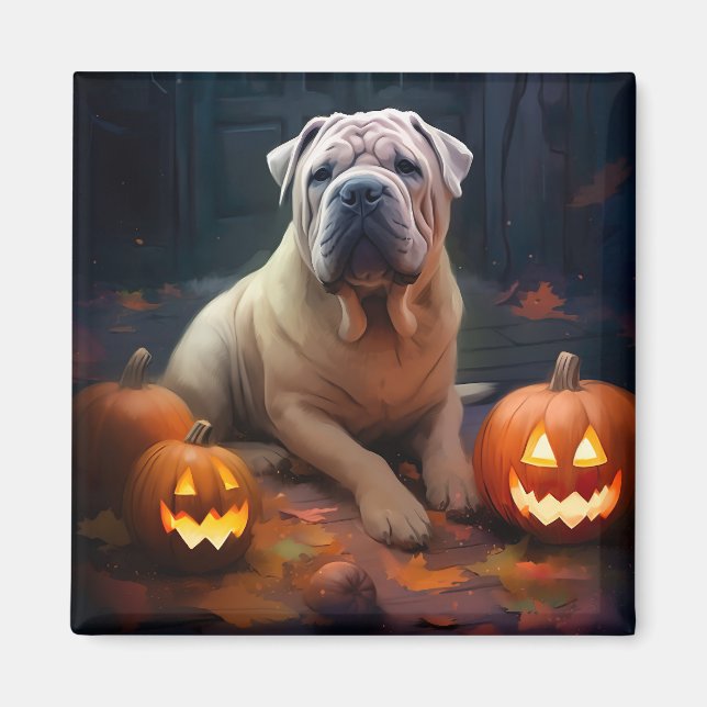 Imã Halloween Shar Pei Com Pumpkins Assustado (Frente)
