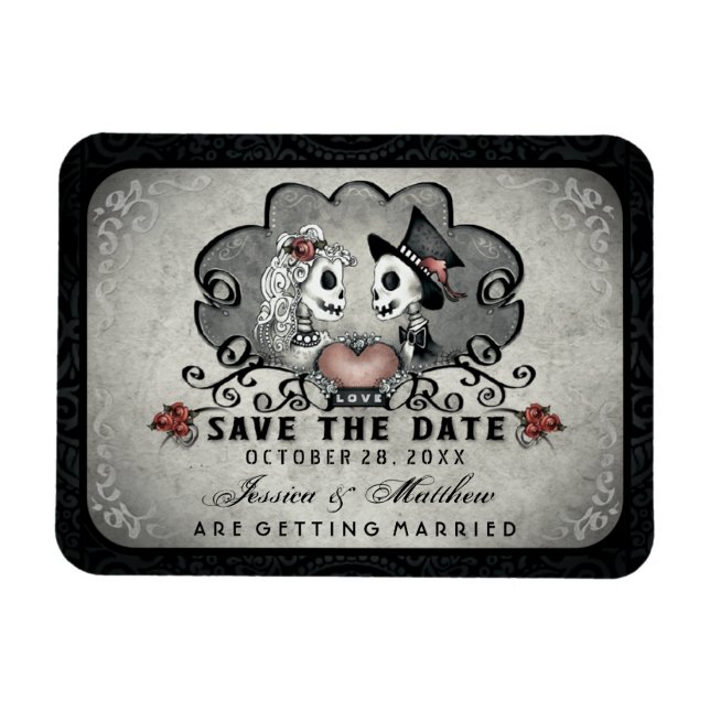 Ímã Halloween Skeletons Cinzas Negras e Coração Vermel (Horizontal)