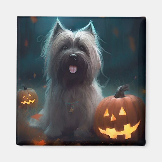 Imã Halloween Skye Terrier Com Pumpkins Assustado (Frente)