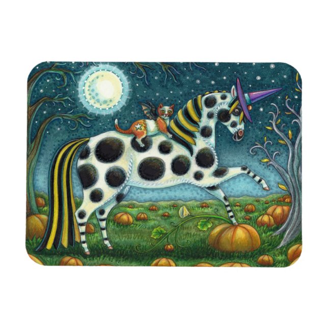 ÍMÃ HALLOWEEN SPONTTED PONY & BAT CAT WHIMSICAL HORSE (Horizontal)