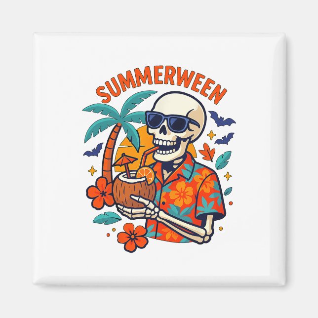 Imã Halloween Summer Ween Skeleton Spooky Vacation Flo (Frente)